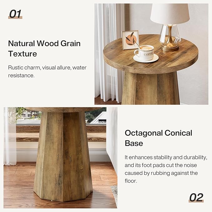 Tribesigns Farmhouse Round End Table, Wooden Couch Side Table with Octagonal Base, Rustic Brown Nightstand Pedestal Accent Furniture for Living Room, Bedroom (1)