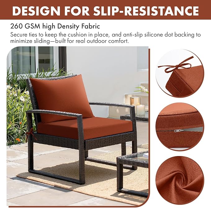 MIULEE Burnt Orange Outdoor Chair Cushion 24x24 Inch for Patio Furniture Linen Textured Waterproof & 3 Year Color Fastness Seat and Back Couch Cushion with Ties No Slip Design