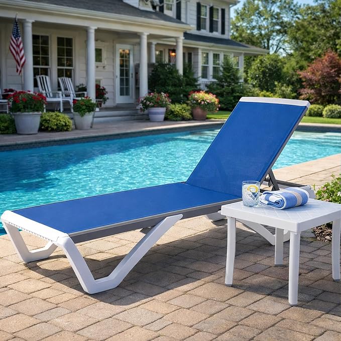Kozyard Outdoor Chaise Lounge Chair Set, Fully Flat Adjustable Patio Lounger with Aluminum Frame & Resin Legs, Textilene Fabric for Poolside, Backyard & Beach (Blue, Chair + Table)