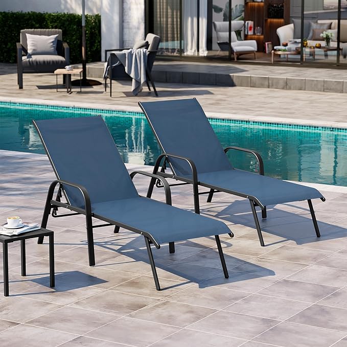 Crestlive Products Chaise Lounge Chair Outdoor with Armrests, Pool Lounge Chairs Set of 2,Adjustable 5 Positions Metal Sun Tanning Lounger for Patio, Poolside, Yard, Deck, Backyard (Navy)