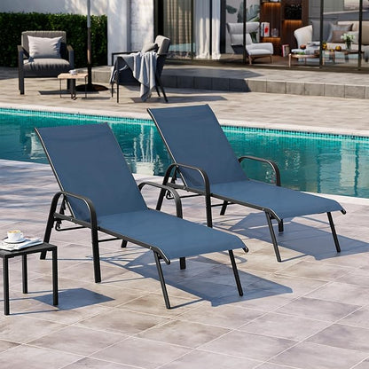 Crestlive Products Chaise Lounge Chair Outdoor with Armrests, Pool Lounge Chairs Set of 2,Adjustable 5 Positions Metal Sun Tanning Lounger for Patio, Poolside, Yard, Deck, Backyard (Navy)