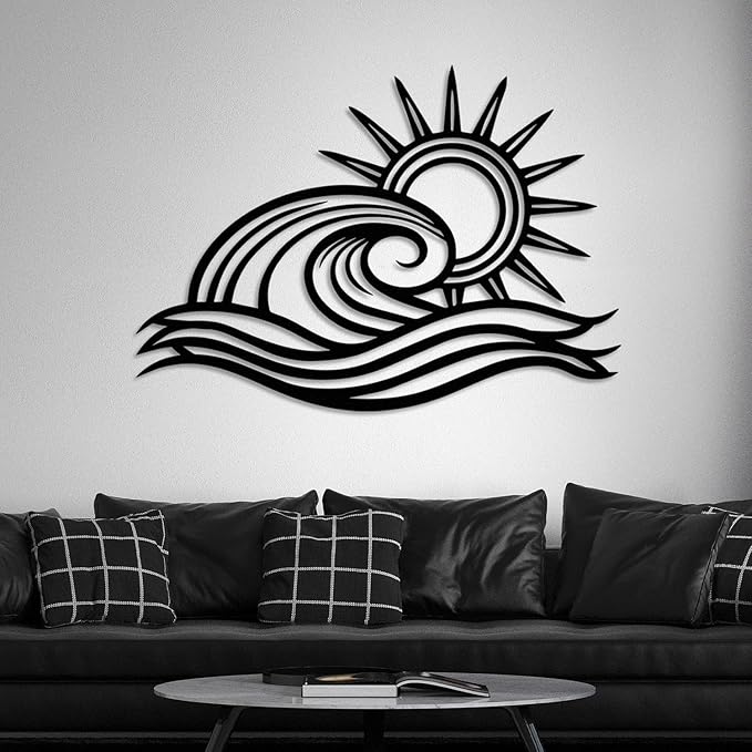 Wita Home Ocean Wave Metal Wall Art, Sun Beach Decor, Coastal Large Wall Sculpture for Home, Indoor/Outdoor Use, Nautical Wall Hanging, Eye-Catching Addition to Living Room (Silver, 32 x 19 inches)