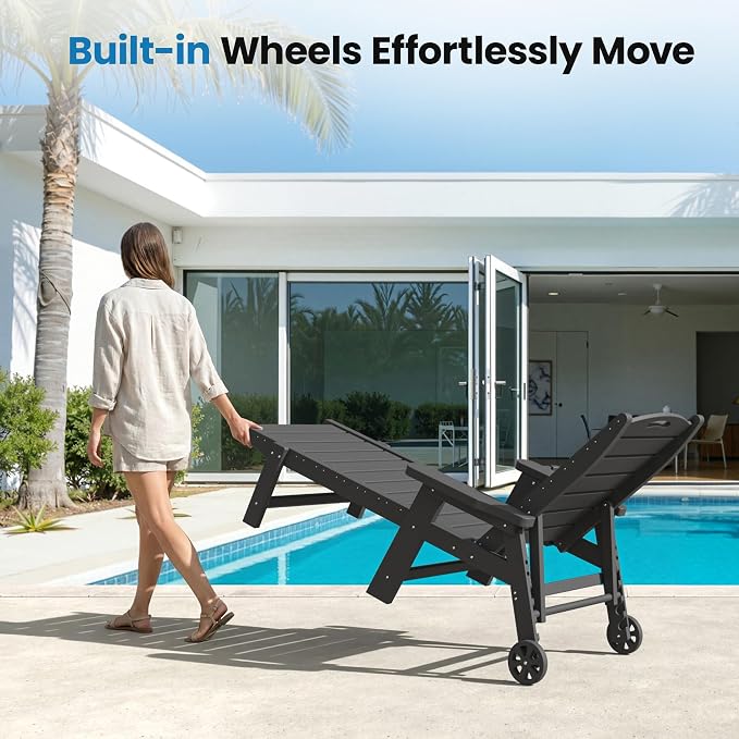 UDPATIO HDPE Outdoor Chaise Lounge Chair with Wheels Heavy-Duty Patio Recliner with Cup Holder, 5-Position Adjustable Backrest for Poolside, Beach, Garden, Deck or Indoor – Clear