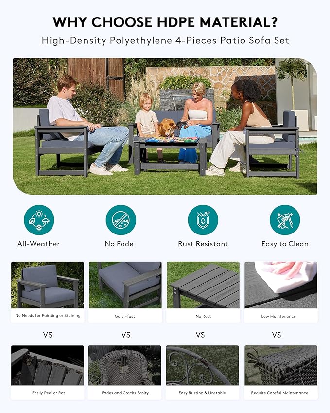 SERWALL 2 Pieces Single Cushioned Sofa Chair, Grey HDPE Outdoor Adirondack Lounge Armchair with Grey Cushion