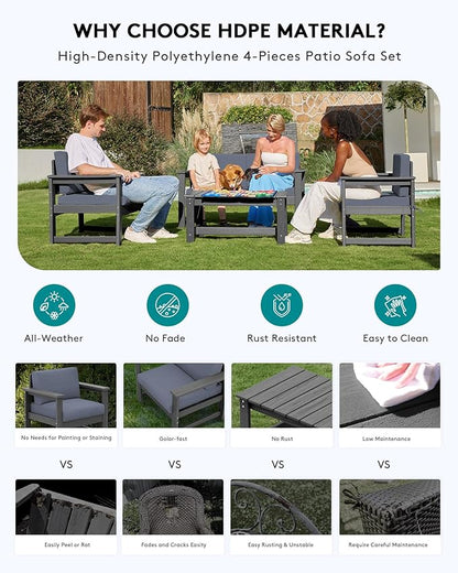 SERWALL 2 Pieces Single Cushioned Sofa Chair, Grey HDPE Outdoor Adirondack Lounge Armchair with Grey Cushion