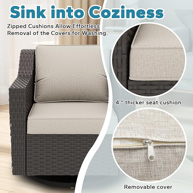 3 Pieces Patio Conversation Furniture Set - 2 Swivel Chairs, 1 Side Table, Outdoor Wicker Rocking Glider Armchairs with Washable Cushions for Porch, Balcony, Sunroom (Beige)