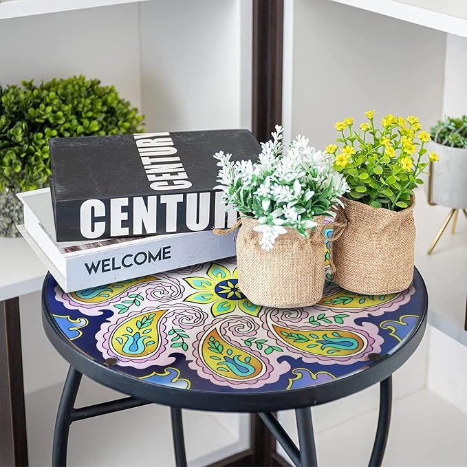 Arbuxzuy 2PCS 12 Inch Small Outdoor Side Table with Purple Flower, Glass Mosaic Patio Table Indoor, Round Plant Coffee Table for Living Room, Balcony, Garden