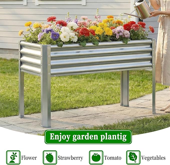 2Pcs Galvanized Raised Garden Bed with Legs, 48×24×32in Large Metal Elevated Raised Planter Box with Drainage Holes for Backyard, Patio, Balcony, 400lb Capacity,Sliver