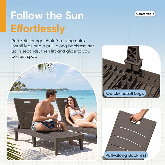 Greesum Outdoor Chaise Lounge Chairs Set of 2 with 5-Position Adjustable Backrest, Waterproof PP Sun Chaise Loungers for Garden Pool Beach Patio Deck Sunbathing, Brown