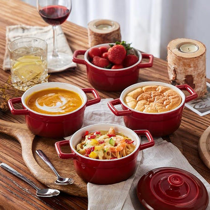 Lareina Mini Cocotte - 12oz Ceramic Casserole Dishes - Kitchen Casserole Sets With Handles And Lid - Small Baking Ramekins - Oven, Microwave & Dishwasher Safe - Set of 4 - Red | Small casserole ramekins with handles, oven, microwave & dishwasher safe. ...