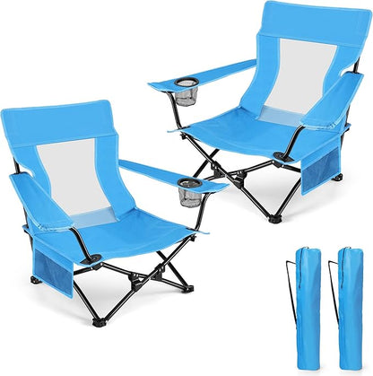 HaSteeL Folding Beach Chair Set of 2, Foldable Blue Camping Chairs for Outside, Low Beach Chair Portable for Adults Fishing, Picnic, Outdoor BBQ, Travel, Sports, Cup Holder & Storage Bag