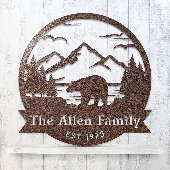 RealSteel Personalized Bear Metal Sign - Custom Outdoor Wall Art with Mountain Scene - Circular Design for Porch, Patio, Lawn & Garden Décor - Rust, 36"