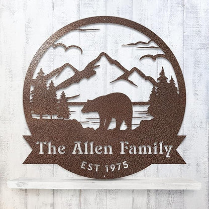RealSteel Personalized Bear Metal Sign - Custom Outdoor Wall Art with Mountain Scene - Circular Design for Porch, Patio, Lawn & Garden Décor - Rust, 36"