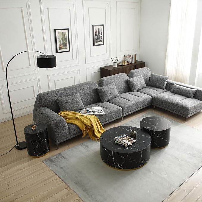kevinplus Round Black Coffee Table Side Table End Table for Living Room, Drum Circle Wood Coffee Table Modern Contemporary Coffee Table for Apartment, Marble Grain, Black & Gold (ø35.4'' x 13.7'')