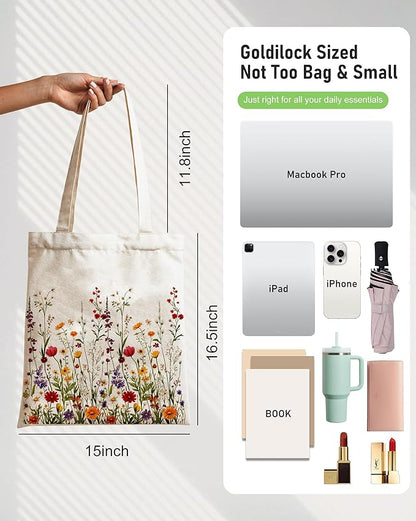 METALPHA Aesthetic Tote Bag for Women Girls - Resuable Double-Sided Printed Canvas Tote Bag with Snap Closure and Pocket
