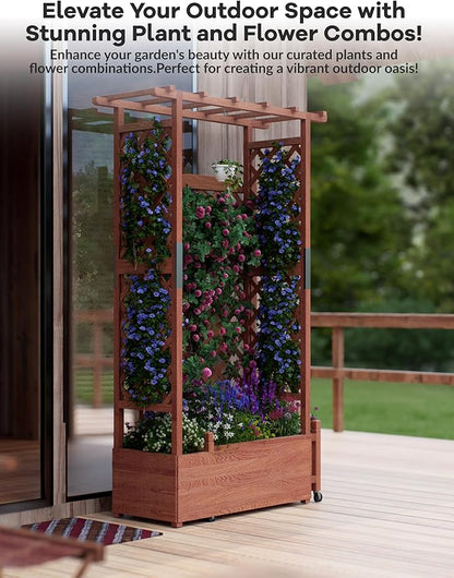 GarveeLife Raised Garden Bed with Trellis, 45 in Wood Planter Box with Side Trellis, Hanging Roof, and 4 Drainage Holes, Freestanding Elevated Garden Bed for Climbing Plants, Vines, Flowers