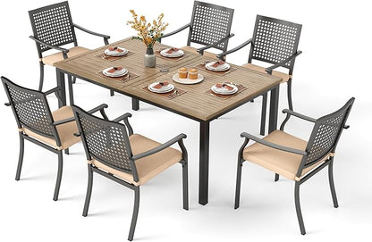 PHI VILLA 7 Pieces Outdoor Set for 6, 65” Wood-Like Metal Steel Dining Table & Stackable Iron Chairs with Cushions, Large Modern Furniture Set for Patio, Deck, Yard, Porch