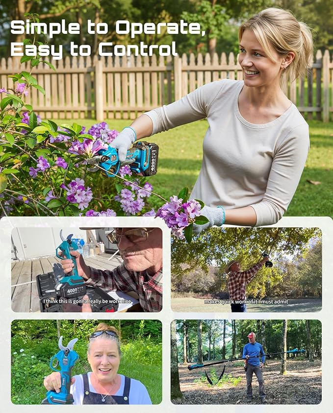 SEESII 2-in-1 Pole Pruning Shears: 1.6" Cutting Diameter Cordless Electric Pole Pruners - Brushless Motor, Dual 4.0Ah Batteries, Extra SK5 Blade, 4 Modes Adjustable Branches Cutter for Tree & Flower