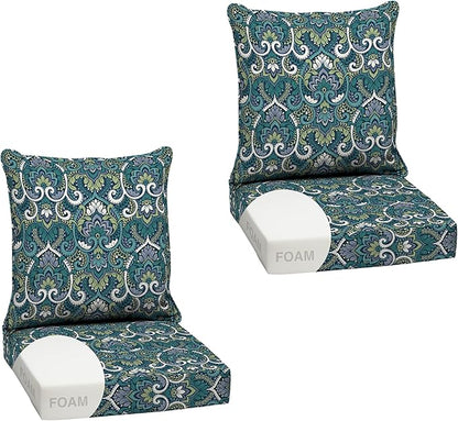 Arden Outdoor Foam Deep Seat Cushion Set (2-Pack), 24x24, Premium High-Density Foam, Never Flattens, Weather-Proof for Patio Chair Sofa Couch, Sapphire Aurora Blue Damask