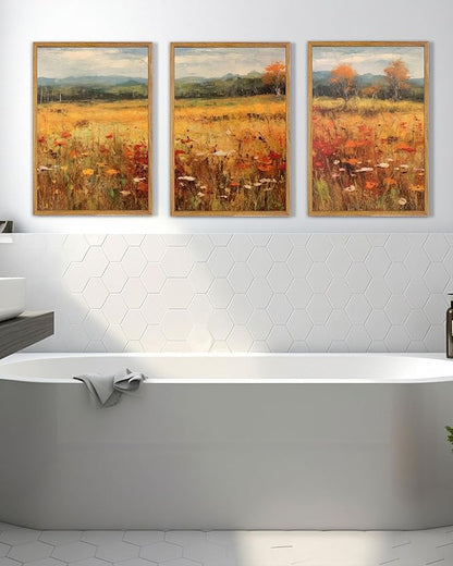 UPWOIGH Large Framed Canvas Wall Art, Set of 3 Gold Vintage Autumn Prints, 16x24 in Natural Cotton Posters with Wildflowers, Botanical Farmhouse Style for Living Room, Bedroom, Dining Room, Office