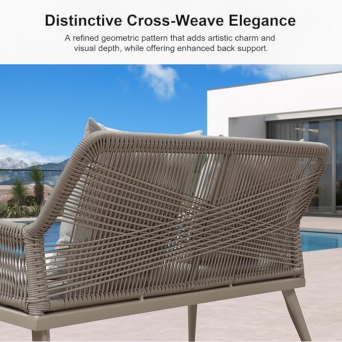 PURPLE LEAF 4-Piece Patio Conversation Set – Wicker Outdoor Furniture with Aluminum Table, 3 Rattan Chairs for 4 People, Thick Sofa Cushions, Ideal for Garden, Backyard, Lawn, or Poolside, Champagne