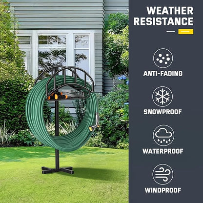 Kesfitt Garden Hose Holder Stand with Tool Storage Basket & 4 Spikes, Detachable Heavy Duty Metal Freestanding Outdoor Organizer for Lawn Yard Water Storage Rack