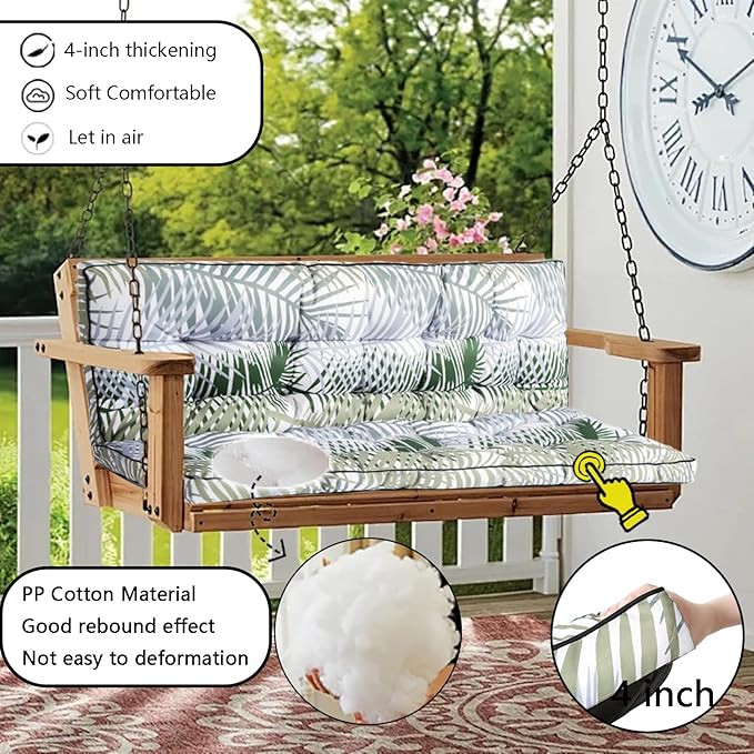 Porch Swing Cushion Three Seat, Waterproof Swing Cushions Replacement with Backrest, Outdoor Garden Furniture Patio 4" Thickened Cushions with Ties (Bamboo Leaves, 40 x 63in)