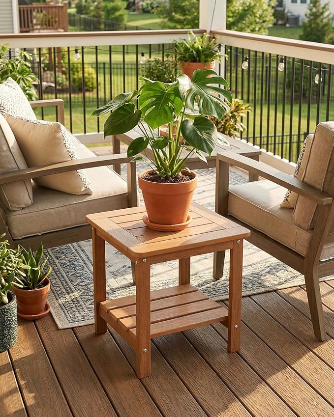 Kibaso-Adirondack Outdoor Side Table, 2-Tier HDPE Outdoor End Table, Weather Resistant Easy Maintenance, Small Patio Side Table for Patio, Pool, Porch, Garden, Lawn, and Living Room (2, Rustic Teak)