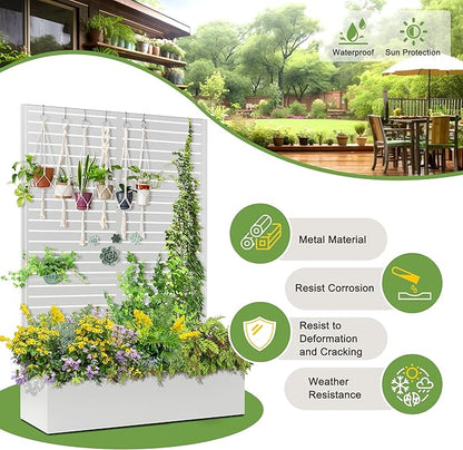 FENCY Metal Raised Garden Bed with Trellis, Metal Planter Box with Trellis, Garden Box for Climbing Plants Vegetable, 47" Lx16 Wx71 H Garden Bed with Drainage Holes(White-Louvered)