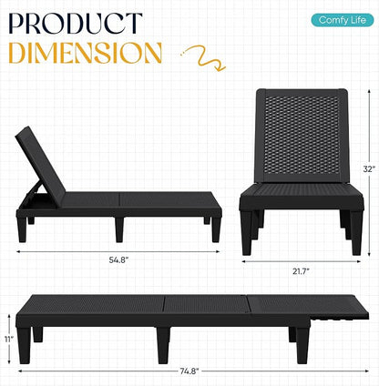Greesum Outdoor Chaise Lounge Chairs Set of 4 with 5-Position Adjustable Backrest, Waterproof PP Sun Loungers for Garden Pool Beach Patio Deck Sunbathing, Black