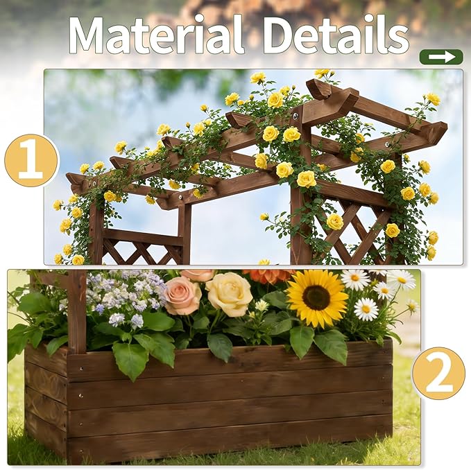 VINGLI Raised Garden Bed with Trellis & Hanging Roof, Wooden Garden Bed, Outdoor Planter Box for Yard, Garden, Balcony (Carbonized Wood Color, Medium)