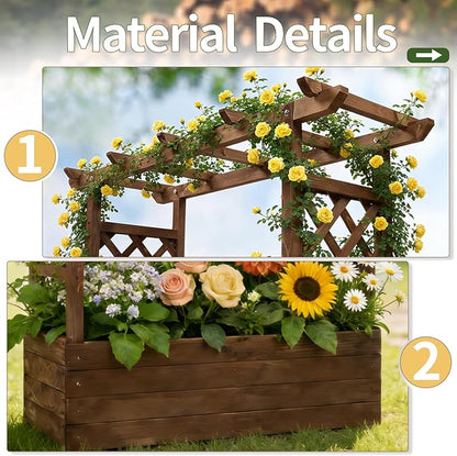 VINGLI Raised Garden Bed with Trellis & Hanging Roof, Wooden Garden Bed, Outdoor Planter Box for Yard, Garden, Balcony (Carbonized Wood Color, Medium)