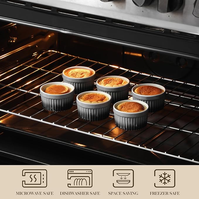 MALACASA Ramekins 4 oz Oven Safe, Small Ceramic Souffle Dishes for Creme Brulee Souffle, Stoneware Custard Cups Ramiken for Baking, Baking Bowls Dipping Sauce Dish Set of 6, Grey, Series RAMEKIN-DISH