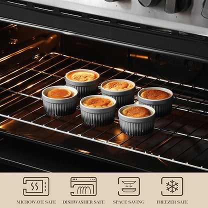 MALACASA Ramekins 4 oz Oven Safe, Small Ceramic Souffle Dishes for Creme Brulee Souffle, Stoneware Custard Cups Ramiken for Baking, Baking Bowls Dipping Sauce Dish Set of 6, Grey, Series RAMEKIN-DISH