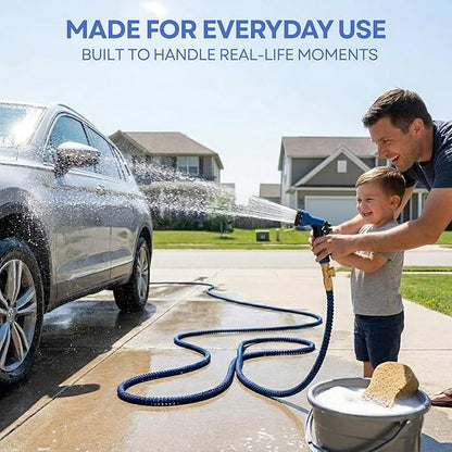 J&B XpandaHose 75ft Expandable Garden Hose with Holder - Heavy Duty Superior Strength 3750D - 4 -Layer Latex Core - Extra Strong Brass Connectors and 10 Spray Nozzle w/Storage Bag (Blue 75)