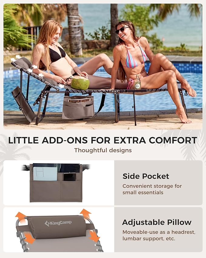 KingCamp 2 Pack Tanning Chair with Face Hole, Lounge Chairs Outdoor Folding Portable Comfy Adjustable 5-Position Foldable Chaise Chaser with Canopy Shade for Outside Beach Patio Sun Bathing, Beige
