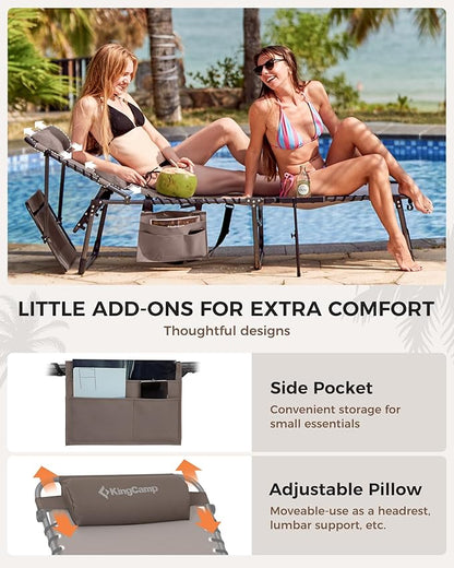 KingCamp 2 Pack Tanning Chair with Face Hole, Lounge Chairs Outdoor Folding Portable Comfy Adjustable 5-Position Foldable Chaise Chaser with Canopy Shade for Outside Beach Patio Sun Bathing, Beige