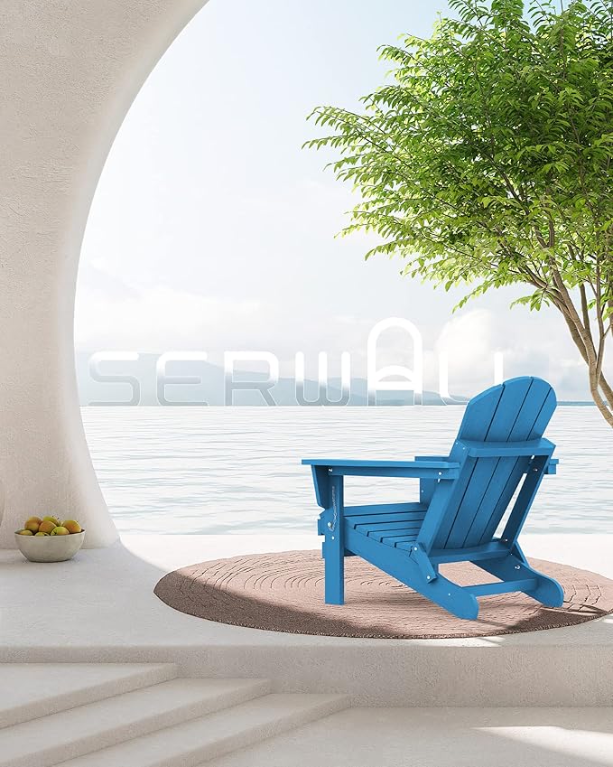 SERWALL Folding Adirondack Chair Set of 4, Weather Resistant HIPS Patio Chairs with Cup Holder for Garden Outdoors Fire Pit Chairs- Sapphire