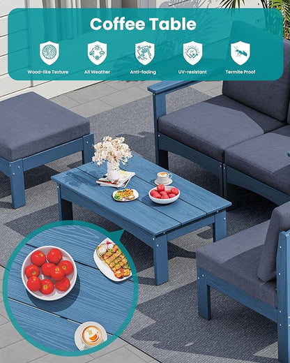 SERWALL 7 Pieces HDPE Patio Furniture Set with with 15FT Double Side Patio Umbrella, Patio Conversation Set, All-Weather Modular Patio Sofa Set for Deck, Garden, Porch, Black Frame with Grey Cushion