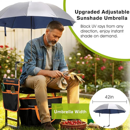Garden Kneeler and Seat with Umbrella, 2-in-1 Foldable Gardening Stool with Adjustable Bracket, Detachable Tool Bags, Heavy Duty Kneeling Pad for Gardening (Black Orange)