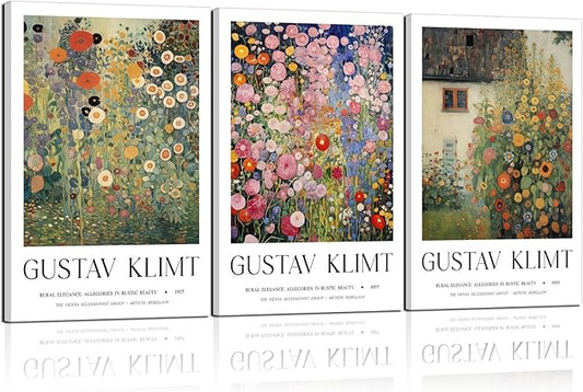 Framed Gustav Klimt Canvas Wall Art Colorful Floral Poster Picture Vintage Countryside Painting Nature Landscape Modern Home Print Living Room Gallery Office Ready to Hang 12x16 Inch x3