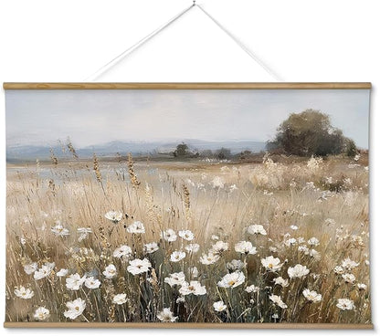 ARPEOTCY Extra Large Vintage Framed Wall Art, 36x54 Inch Wildflower Field Floral Landscape Hanging Canvas Prints Scroll Wall Art Decor for Living Room Bedroom, Retro Scenery Pictures Above of Bed