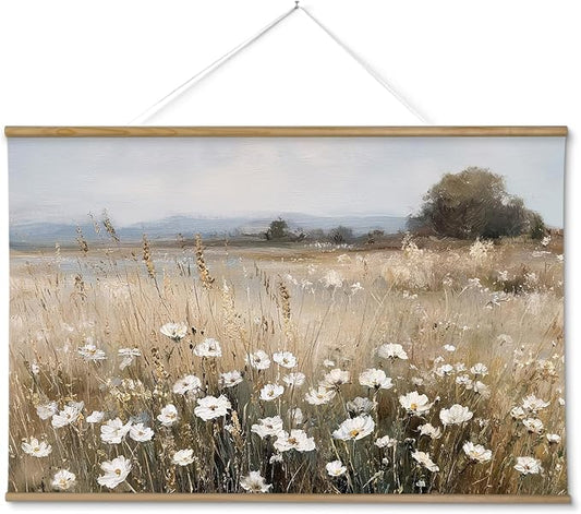 ARPEOTCY Extra Large Vintage Framed Wall Art, 36x54 Inch Wildflower Field Floral Landscape Hanging Canvas Prints Scroll Wall Art Decor for Living Room Bedroom, Retro Scenery Pictures Above of Bed