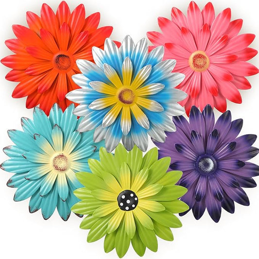 Zhehao 6 Pcs Metal Flower Wall Art Decor 12 Inch Sunflower Wall Decorations Hanging Outdoor Art Multicolored Handmade Metal Flowers Outdoor Decor(Vivid Color)