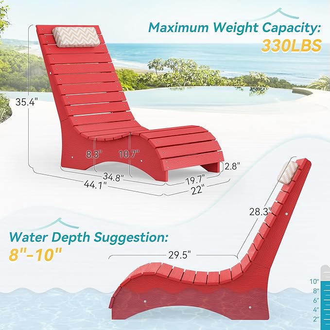 LUE BONA HDPS Pool Chair, Fade-Resistant Use in Pools Up to 10-Inches Deep Pools Lounge Chair for Sun Shelf, Chaise Lounger with Headrest for Outside Pool Deck