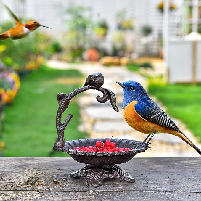 Sungmor Cast Iron Sunflower Birdbath for Outdoors, Vintage Small Fence Post Bird Feeder Bird Seed Tray, 6.1 Inch Patio Table Bird Bath Bowl, Home Garden Lawn Yard Decorations, Rustic Brown
