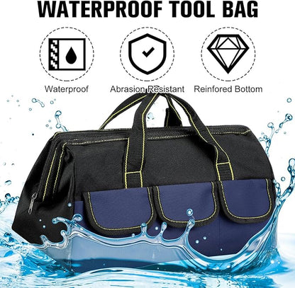 Sanwuta 3 Pack Tool Bag for Men with Waterproof Hard Bottom, Heavy Duty Tool Bag Wide Mouth Tote for Various Instrument, Electrician Carpenter Mechanic(Black Red, Blue, Yellow,16 Inch,Classic)