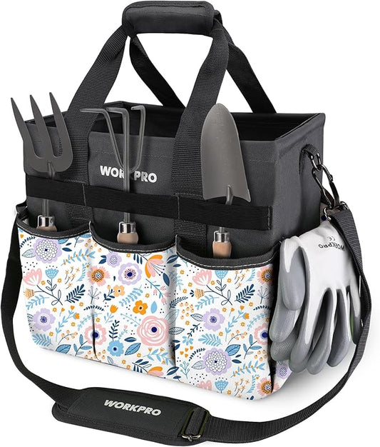 WORKPRO Garden Tool Bag Organizer, Heavy Duty Gardening Tote Bag with 10 Pockets and Long Adjustable Shoulder Strap, Standable Garden Home Tool Kits Organizer, Floral White (Tools are not Included)