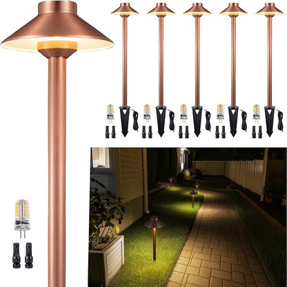 Gardenreet Low Voltage Landscape Lighting Brass, 12v Pathway Lights Waterproof, Hard Wired Path Light Outdoor, Mushroom Copper for Exterior Area Patio House with 3W 270LM 3000K G4 Bulb (6 Pack)