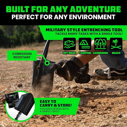 Rhino USA Survival Shovel w/Pick - Heavy Duty Carbon Steel Military Style Entrenching Tool for Off Road, Camping, Gardening, Beach, Digging Dirt, Sand, Mud & Snow. (Recovery Shovel)
